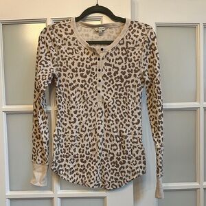 Lucky Brand Leopard Print Long Sleeve Button Henley Top